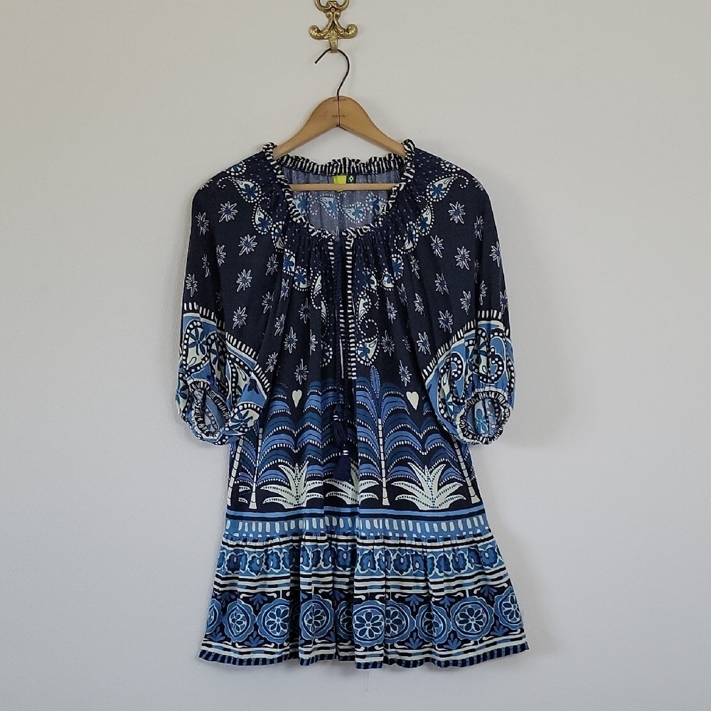 FARM Rio Blue Paisley Palm‎ Elbow Sleeve Mini Dress Size Small